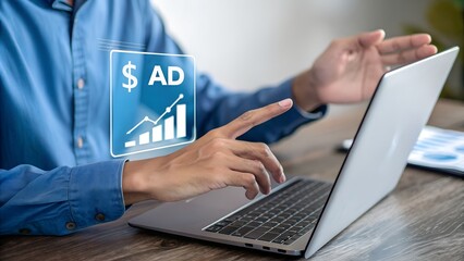 Digital marketing commerce online sale concept, Businessman use laptop with advertising on website. planning advertising marketing strategies to target social media native, ad, advertisers, sales.