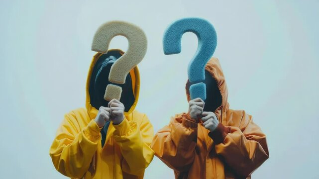 Two individuals wearing rain suits and questioning uncertain situations, suitable for use in educational or conceptual graphics
