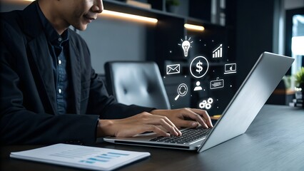 Digital marketing commerce online sale concept, Businessman use laptop with advertising on website. planning advertising marketing strategies to target social media native, ad, advertisers, sales.