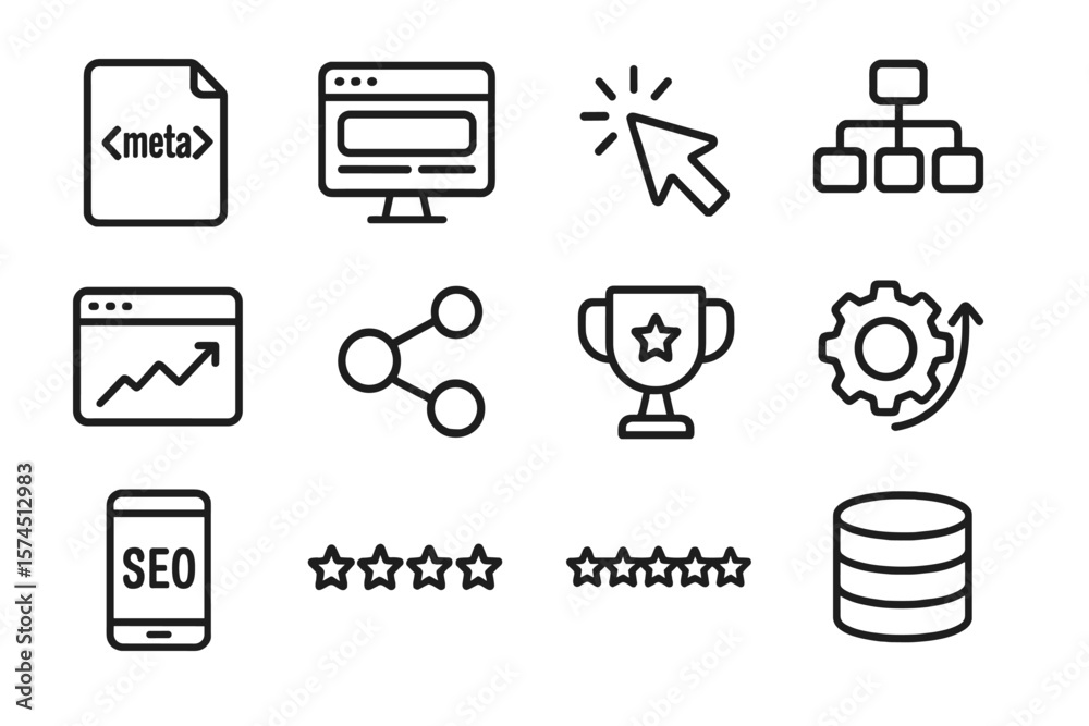 Poster web and seo icons set featuring linear design and technology concepts