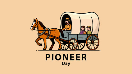 Vector art of a pioneer family travels in a covered wagon on pioneer day