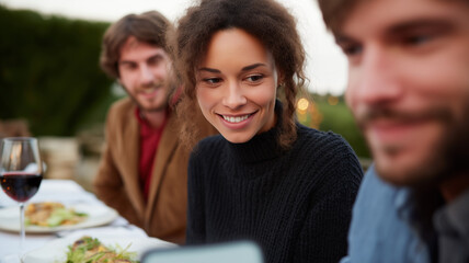 Friends enjoying outdoor dinner, smiling woman, casual autumn clothing, relaxed atmosphere, countryside setting, evening light