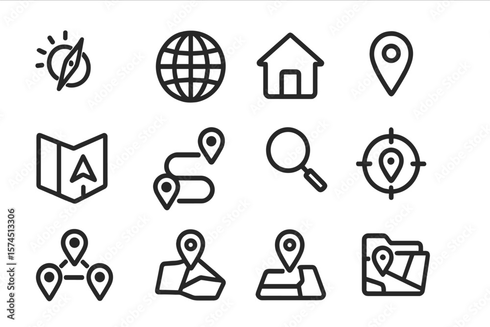 Poster navigation and location icon set on dark background