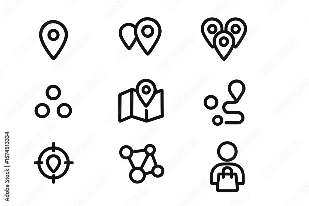 Poster simple black map icons for navigation and location on dark background