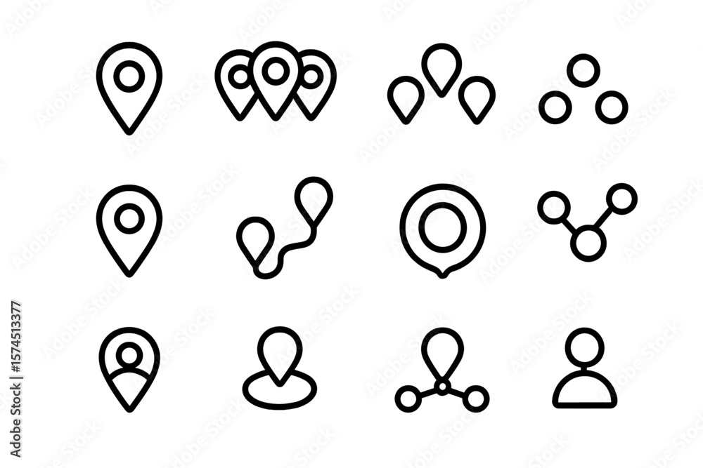 Poster minimalist location and navigation icons set on dark background