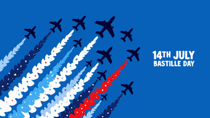Vector art of celebrating 14th july bastille day with airplanes and french flag