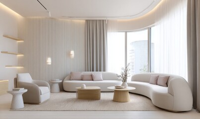 modern living room interior, muted pastel palette, soft ambient lighting, curved furniture, linen curtains