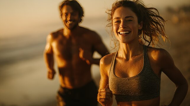 ​Couple jogging on beach wide perspective, natural light low contrast soft shadows summer clarity