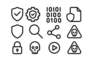 Dark mode cyber security icons: data protection and threat warnings