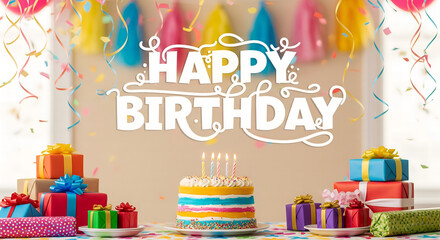 Colorful Birthday Celebration Illustration with Text and Confetti