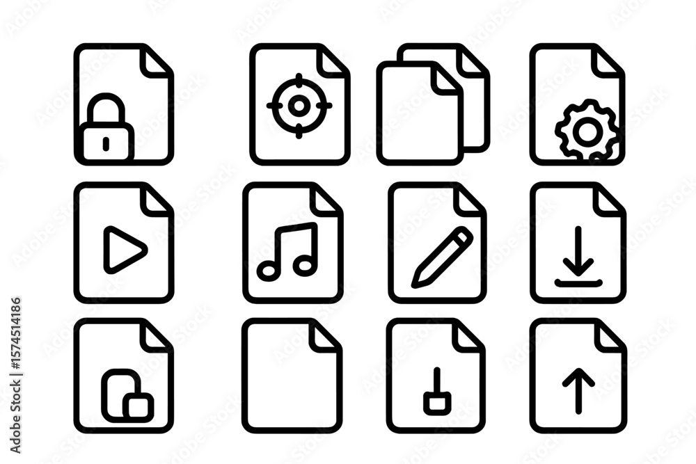 Poster minimalist black file icons set with various function symbols