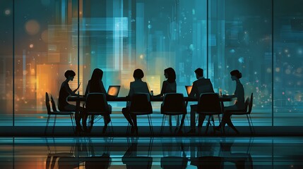 Diverse team collaborates in a modern office setting with a city skyline view at night