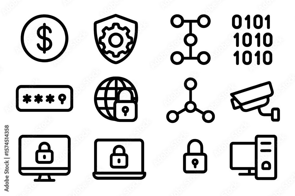 Poster cybersecurity icons set featuring linear style with network and data protection symbols