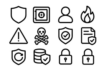 Outline security icons: shield, lock, fire, warning in minimalist design
