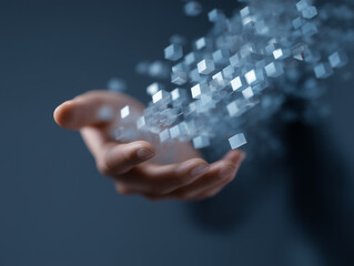 Hand reaching toward floating digital cubes, futuristic technology concept, innovation, creativity, blue background