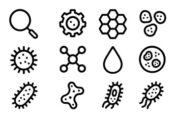Microbiology icons set: simple outline design of bacteria and cells