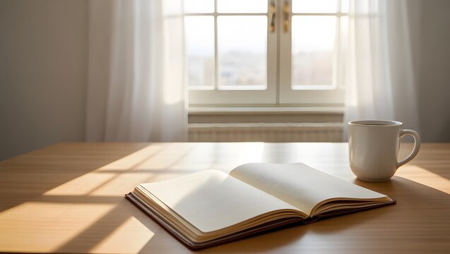 Open book and coffee mug on wooden table near window with sheer curtains image