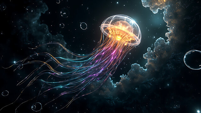 Floating Jellyfish with Glowing Tentacles in Outer Space. The dark space background adds to the otherworldly, serene atmosphere.