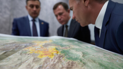 Businessmen, investors, and analysts in suits studying large map with war zones marked, focused and serious