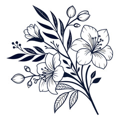 Hand drawn bouquet with flowers and leaves. Vector linear monochrome elegant floral arrangement in vintage style, tattoo design, coloring book, wedding decoration