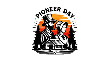 Obraz premium Vector art of a pioneer couple stands in front of a cabin for pioneer day