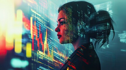 A woman gazing at a vibrant digital display