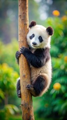 Obraz premium Adorable giant panda cub climbs up a tall tree trunk