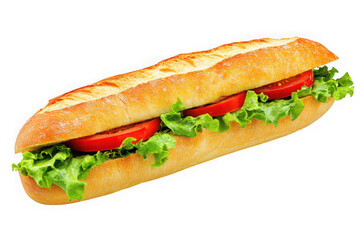 Delicious long sub sandwich with fresh lettuce and tomato slices, perfect for lunch or dinner, food photography isolated on transparent background