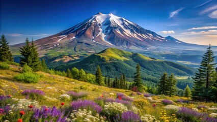 Fototapeta premium Volcanic landscape with Mt St Helens snow-capped peak on a clear summer day surrounded by lush green forests and wildflowers