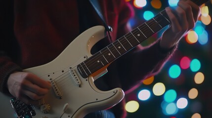 Naklejka premium Christmas Guitar Session: A Musician Plays Electric Guitar Against a Blurred Background of Festive Lights