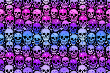 Seamless pattern. Stylized human skulls, strewn with stars. Gradient colors