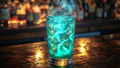 Teal Cocktail With Smoke On Bar Counter
