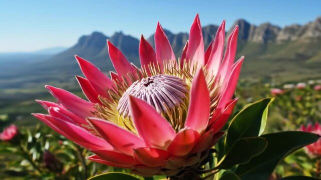 Pink Protea Flower Blooming in Sunlight.
Close-up of a vibrant pink protea flower blooming under sunlight in a mountainous field, symbolizing beauty and resilience.
