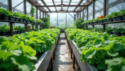 Greenhouse gardening with lush vegetable plants