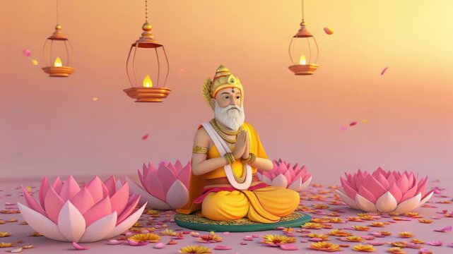Cute Vishwakarma sitting on lotus with hanging diyas and soft pink glow