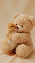 Cute teddy bear hugging a fluffy baby duckling on beige background 