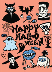 Happy Halloween with spooky characters and symbols like ghosts, bats, and skulls