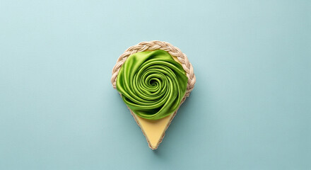 Stylized Green Swirl Ice Cream Cone with Rope Rim on Blue Background