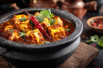 Paneer Masala. Delicious Indian Cheese Cottage Curry with Butter Sauce and Fresh Ingredients
