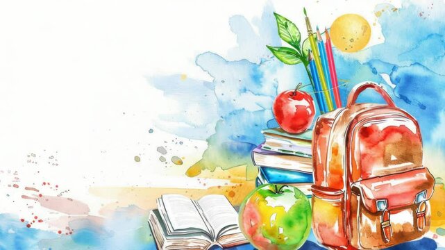 A watercolor illustration of a backpack filled with apples and an open book