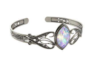 A silver circlet featuring an iridescent marquisecut gemstone is set on a black background