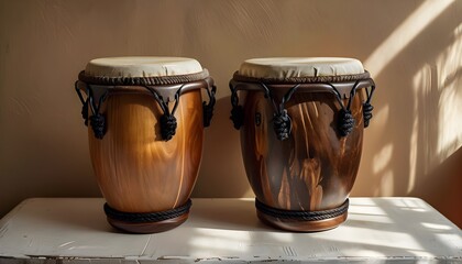 Two Beautifully Carved Wooden Bongo Drums Showcasing Natural Grain Patterns, Positioned on a Textured Surface Under Warm, Soft Lighting for Visual Appeal,world music day concept