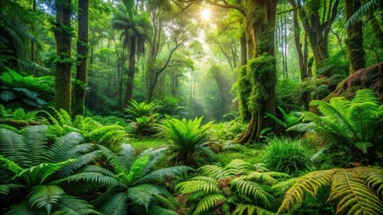 Lush green forest with vibrant foliage and towering trees
