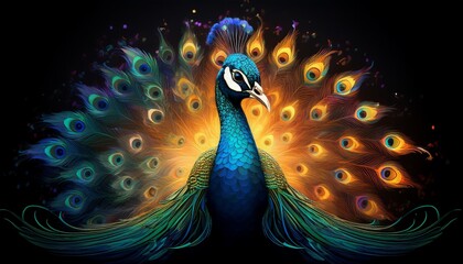 peacock glowing bird black background