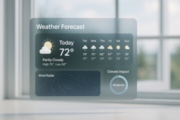 Holographic Weather Forecast Interface Showing Daily Temperatures, Wind Radar, and Climate Impact
