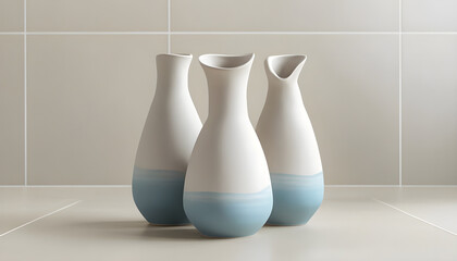 Elegant Trio of Ceramic Vases Displayed on a Light Beige Surface, Showcasing Smooth Curves and Subtle Color Gradients for a Modern Interior Aesthetic and Charming Home Decor