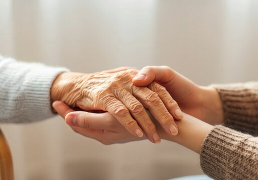 Caring moment: young adult supporting elderly hand in emotional connection