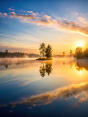 Fototapeta premium A serene lake at dawn with mist rising from the water surface