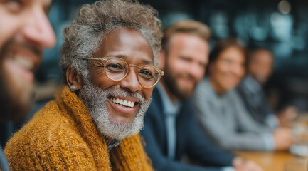 Fototapeta premium Diverse business professionals at a conference or seminar, engaging in discussions. Young and mature multiethnic team members meeting in an office setting, promoting collaboration.