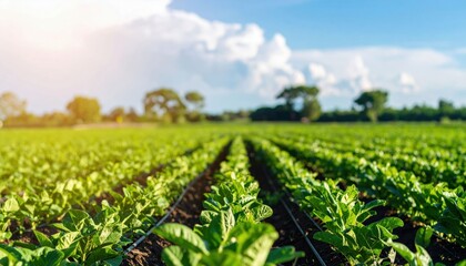 Obraz premium A lush green agricultural field under a blue sky with scattered clouds, showcasing healthy crops in neat rows.